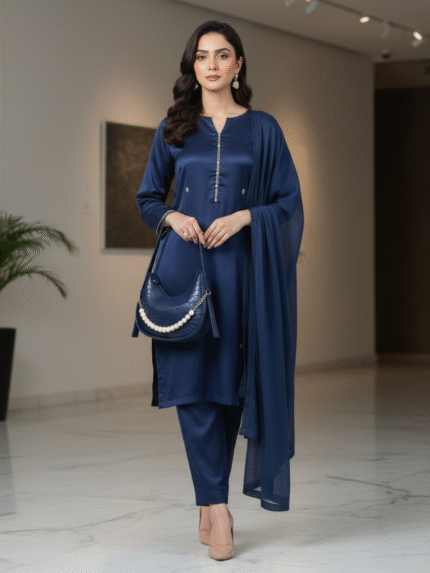 Navy Croc-Texture Shoulder Bag with Pearl Chain