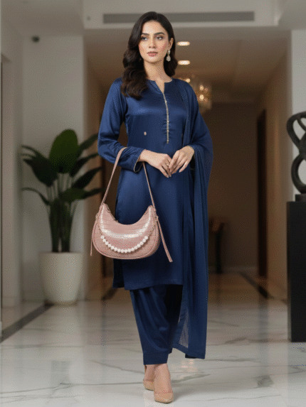 FMLV Pink Croc Texture Pearl Accent Shoulder Bag