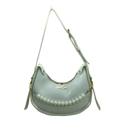FMLV White Croc Texture Shoulder Bag With Pearl Chain