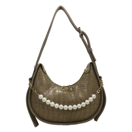 FMLV Brown Croc Texture Shoulder Bag With Pearl Chain