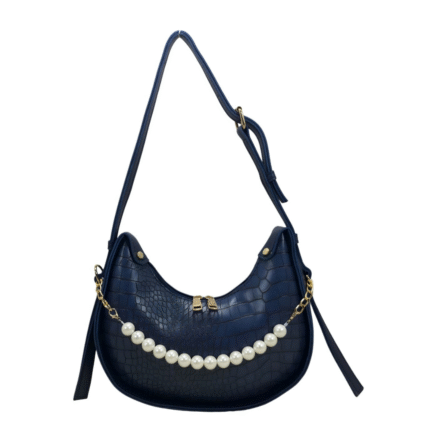 Navy Croc-Texture Shoulder Bag with Pearl Chain